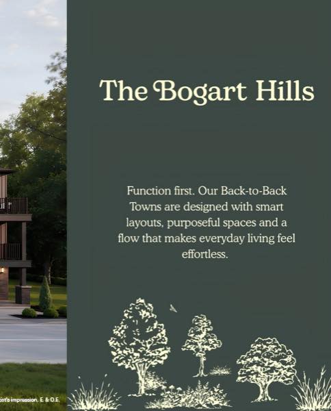 The Bogart Hills promotional design with community trees and nature theme