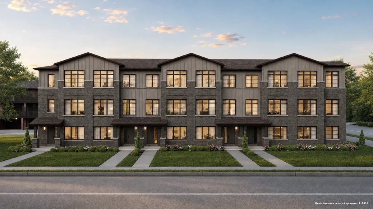 The Bogart Hills Newmarket front elevation rendering showing brick and board-and-batten townhomes